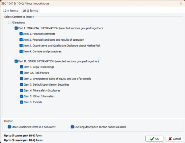 Importation of 10-K and 10-Q Financial Filings